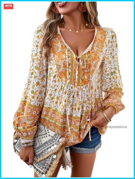 Tops - Boho Floral V Neck Long Sleeve Tunic Blouse Loose Fit Rayon